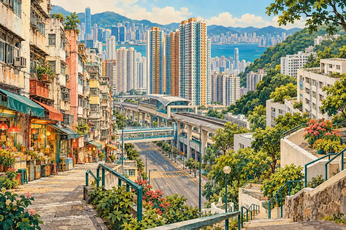 香港街道、交通與生活社區原創插畫