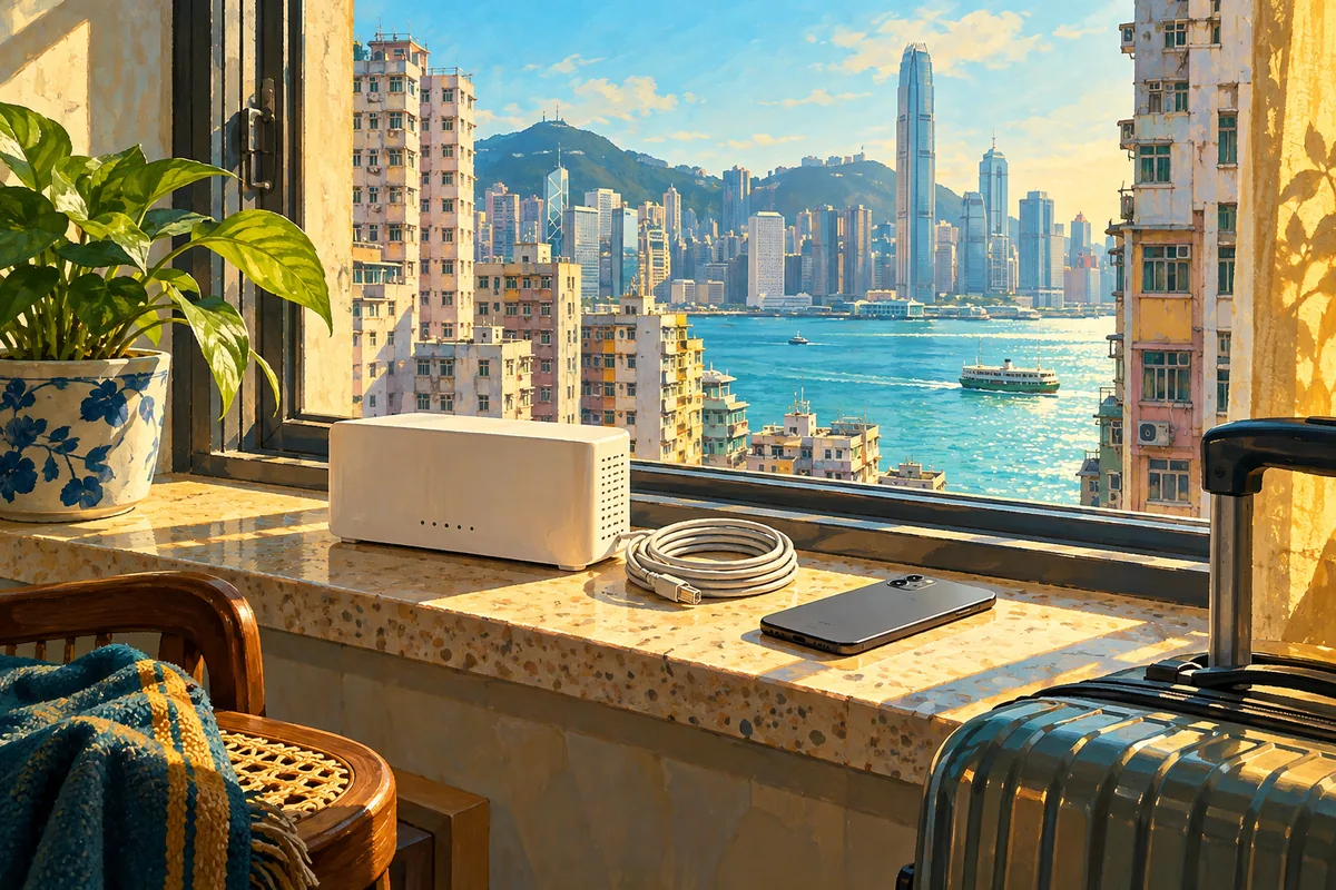 家居窗邊的無品牌路由器與電腦,遠處是香港樓宇插畫