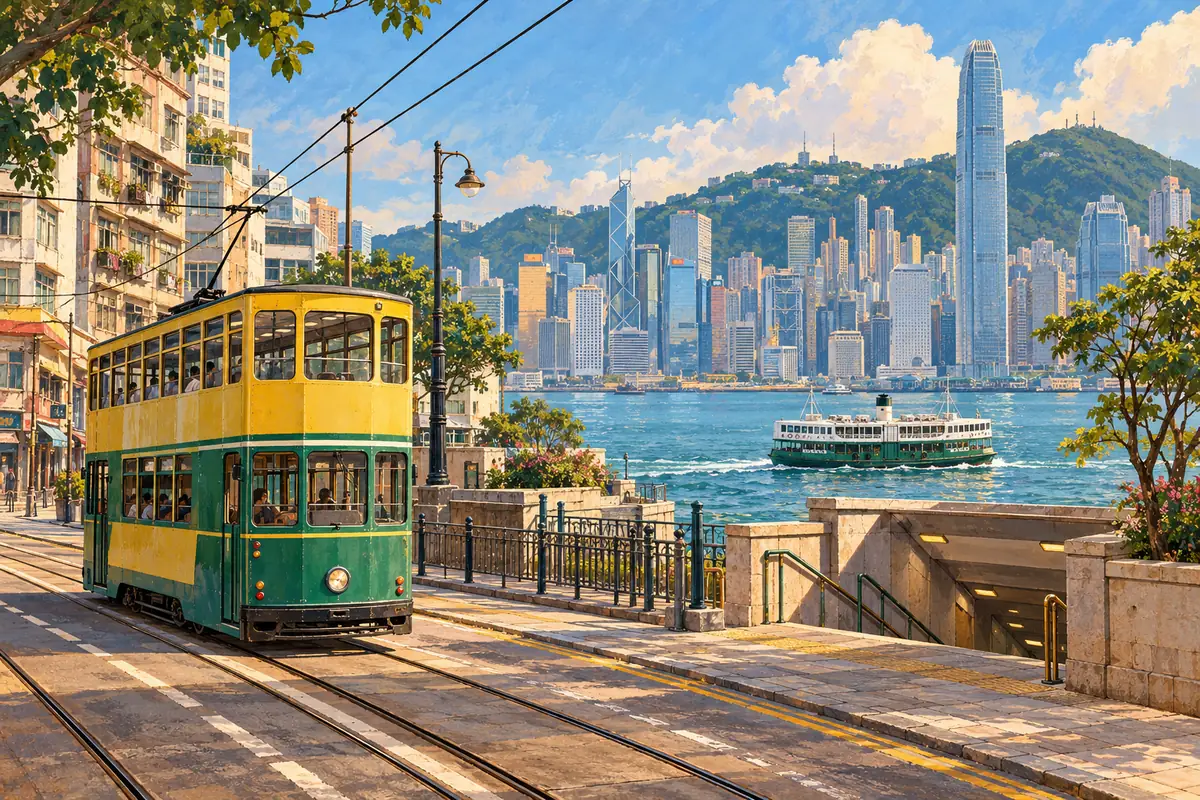 海旁行駛的雙層電車與香港城市景觀原創插畫