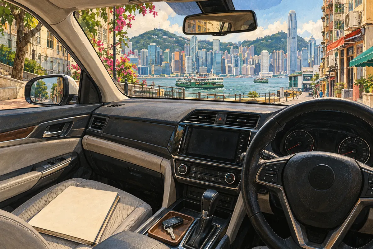 從右軚車內望向香港街道與交通燈的原創插畫
