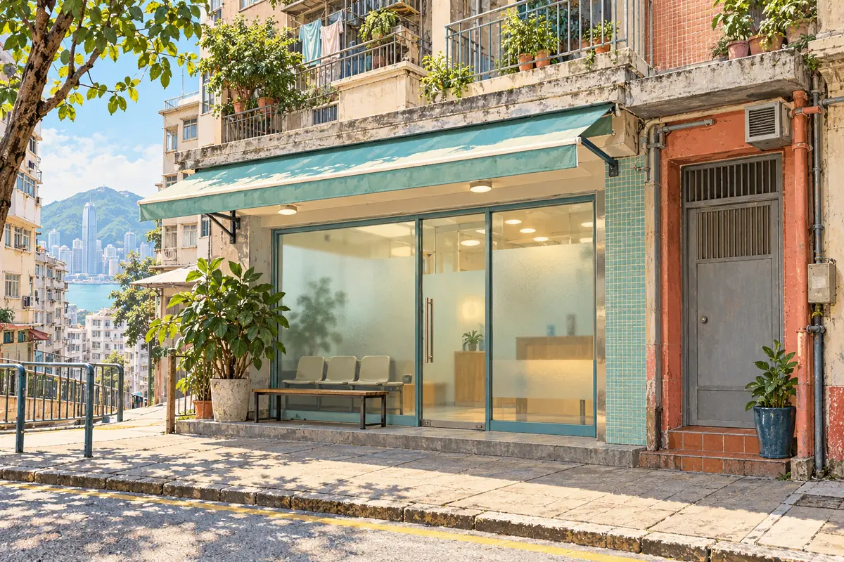 香港街角診所形式的無招牌建築與綠植,非真實診所插畫
