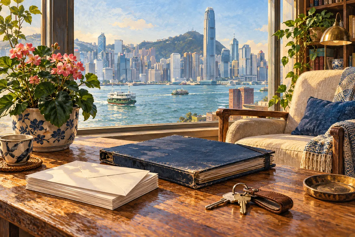 香港住宅窗邊整理空白檔案與日曆的長期生活主題插畫