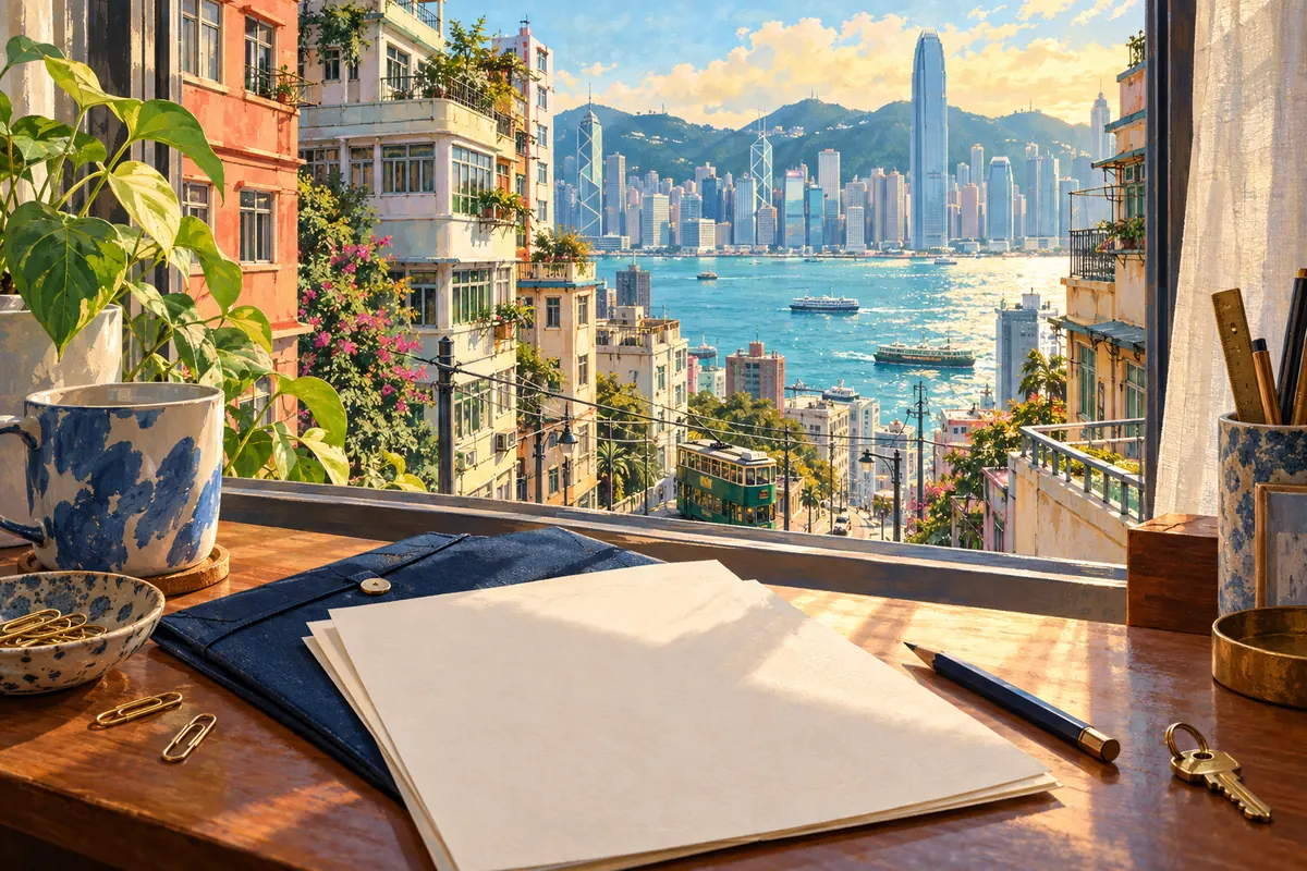 窗邊整理文件的香港生活主題插畫