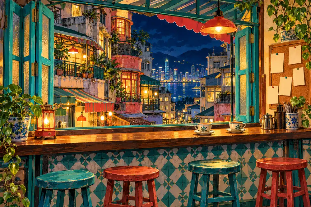 香港街坊茶座與生活交流主題插畫